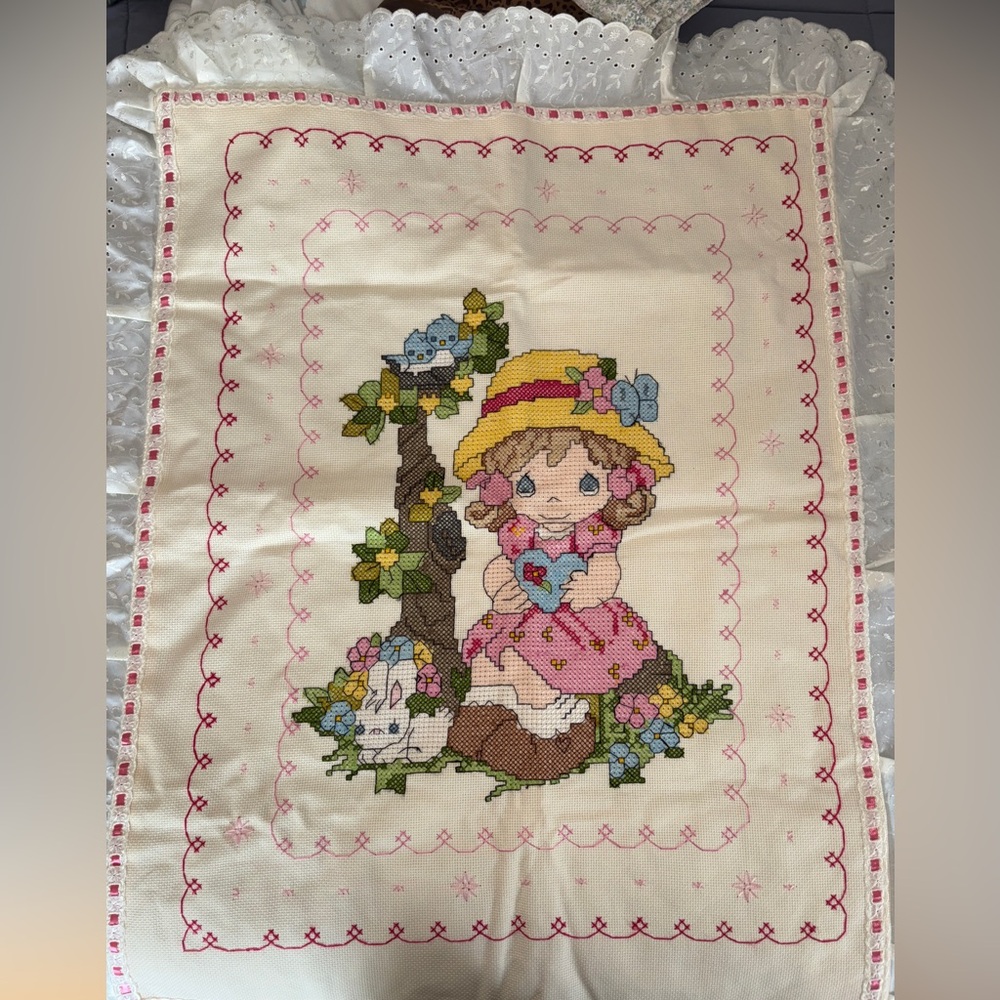 Embroidered Girl and Bunny Wall Art New